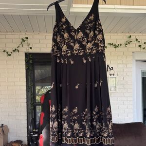 Coldwater Creek Black Maxi Dress with Cream & Gold Floral Embroidery